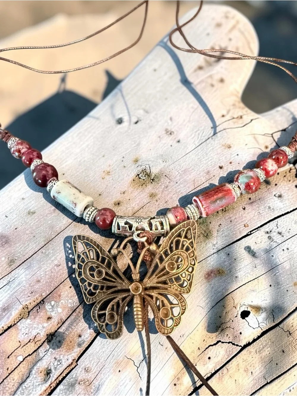 Boho Butterfly & Beaded Layered Necklaces - Brown & Red